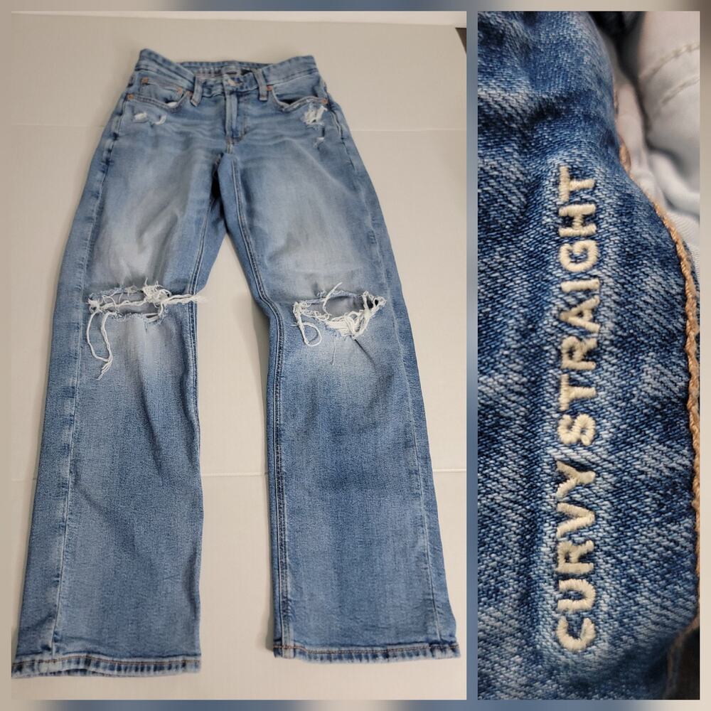 AMERICAN EAGLE Jeans SZ 2 Curvy Straight High Rise Distressed Y2K 90s